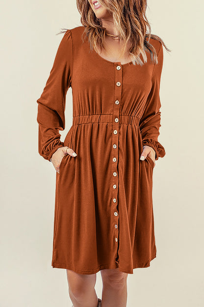 Orange Button Up High Waist Long Sleeve Dress