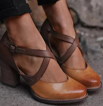 High Heel Pointed Toe Belt Buckle Thick Shoes