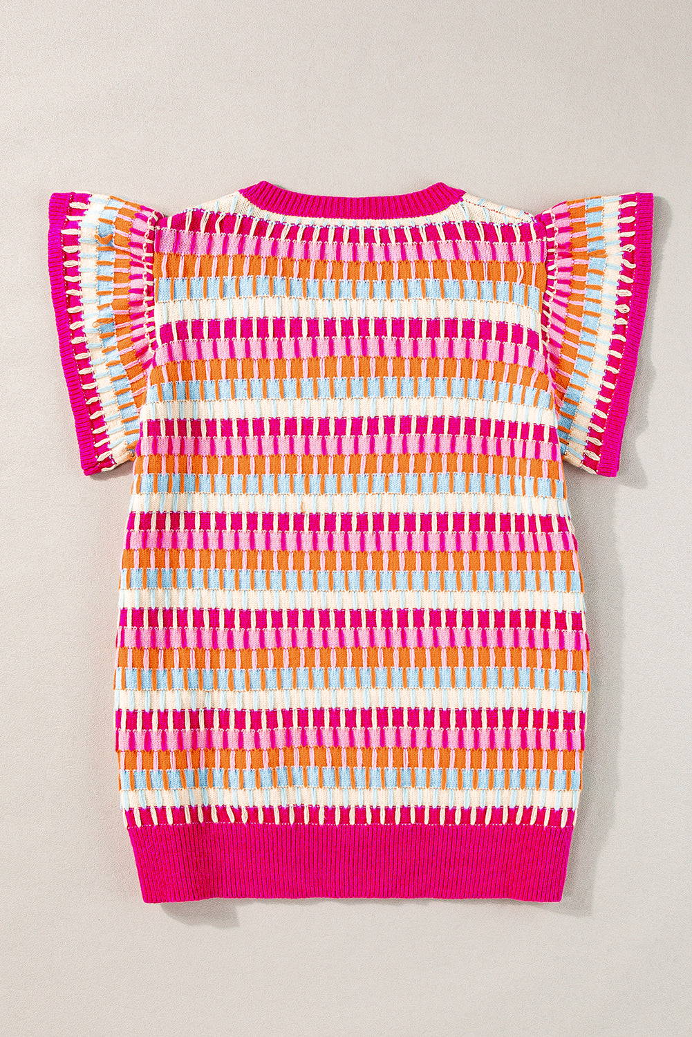 Rose Red Multicolor Flutter Sleeve Knitted Sweater Top