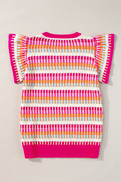 Rose Red Multicolor Flutter Sleeve Knitted Sweater Top