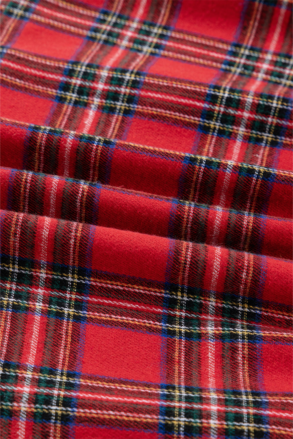 Red Christmas Plaid V Neck 3/4 Sleeve Tie Waist Ruffle Hem Long Dress