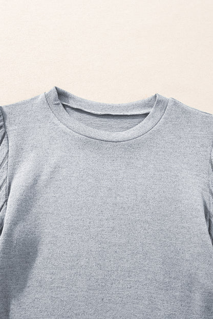 Light Grey Buttoned V Neck Ribbed Puff Sleeve Top