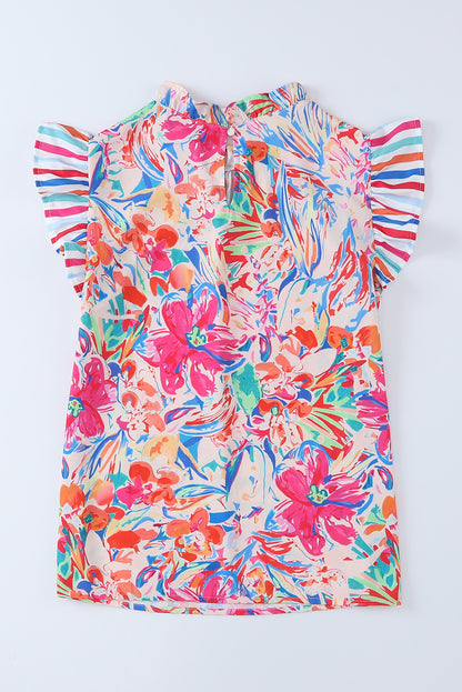 Multicolor Plus Sizie Striped Ruffle Sleeve Floral Blouse