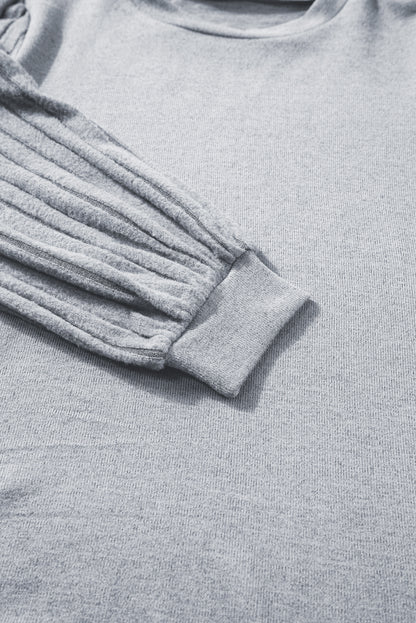 Light Grey Buttoned V Neck Ribbed Puff Sleeve Top