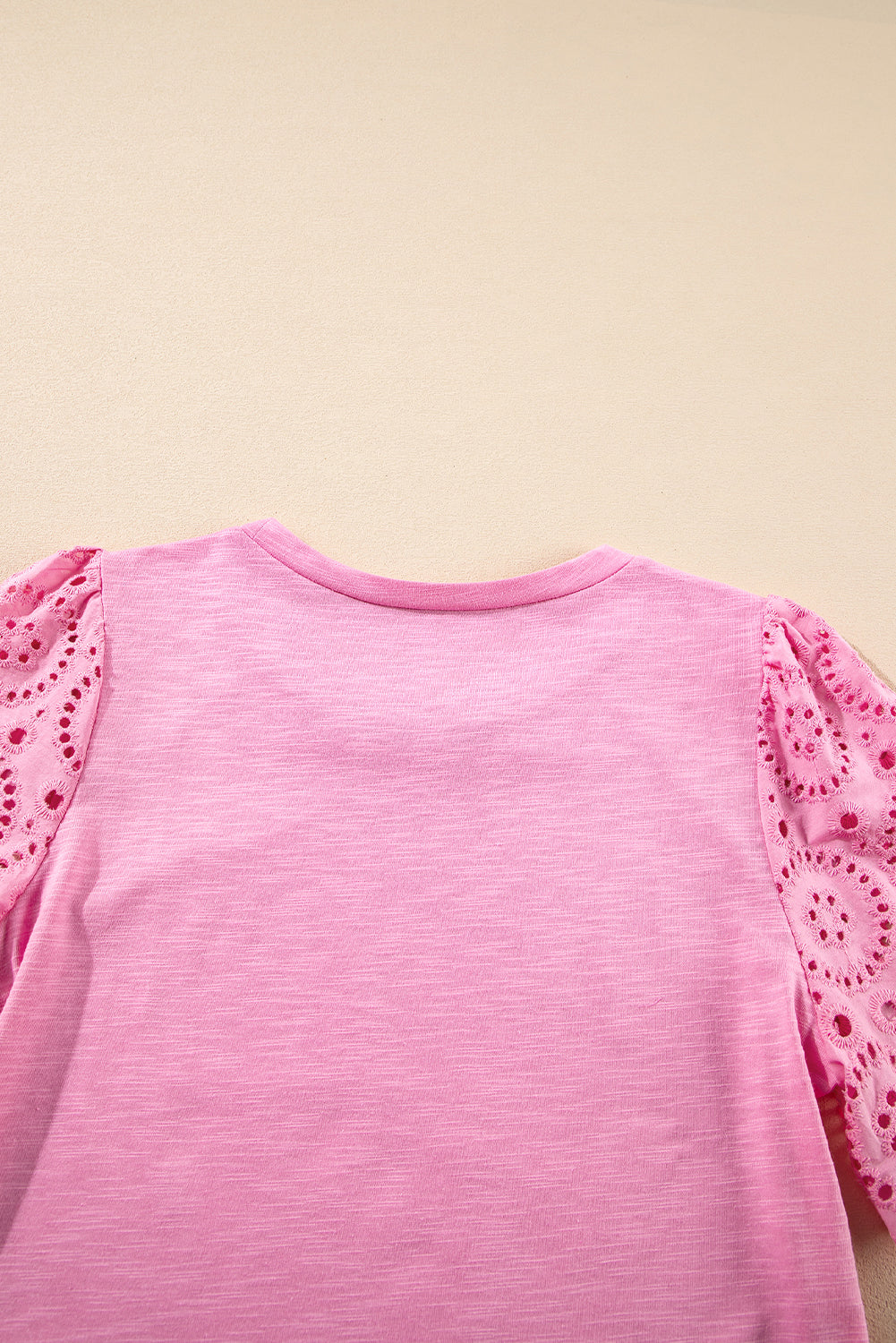 Pink Eyelet Embroidery Scalloped Sleeve Round Neck T Shirt