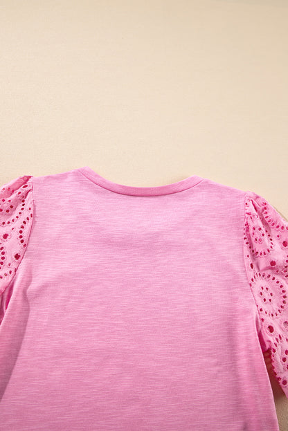 Pink Eyelet Embroidery Scalloped Sleeve Round Neck T Shirt