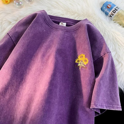 Sunflower Embroidered Washed Short-sleeved T-shirt For Men