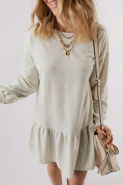 Black Solid Color Puff Sleeve Ruffle Hem Mini Dress