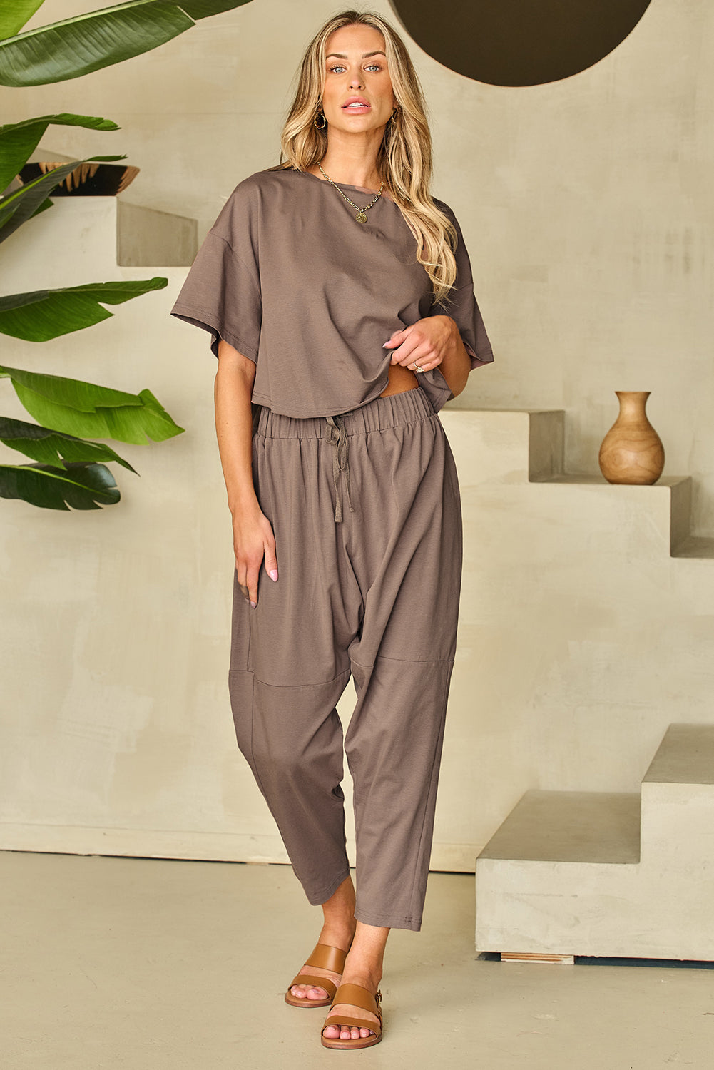 Simply Taupe High Low Boxy Fit Tee and Crop Pants Set