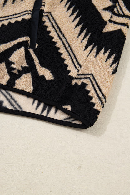 Black Plus Size Western Aztec Pattern Half Button Collared Plush Sweatshirt