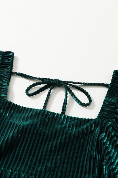 Blackish Green Smocked Ribbed Velvet Babydoll Top