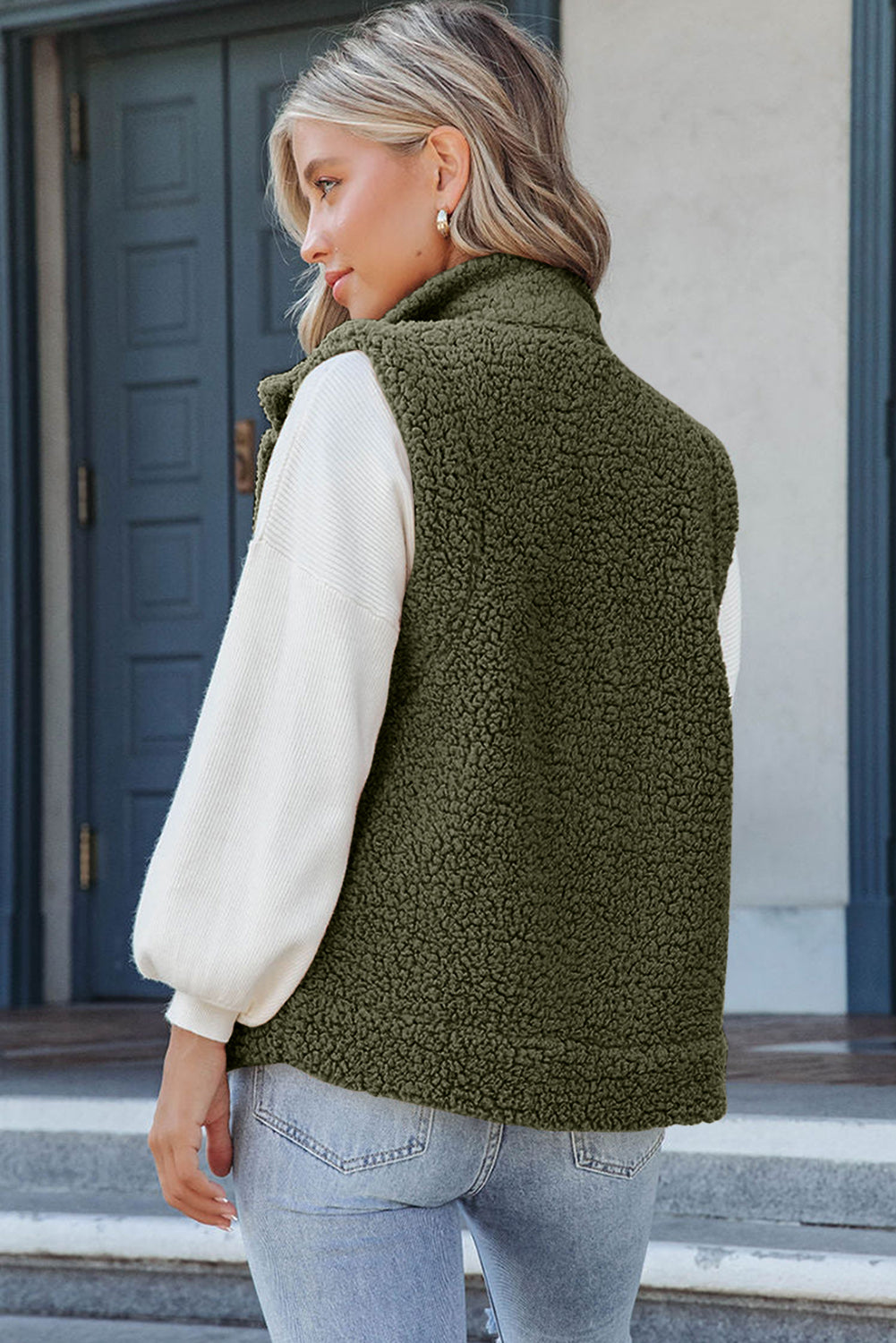 Khaki Plus Size Pocketed Sherpa Vest