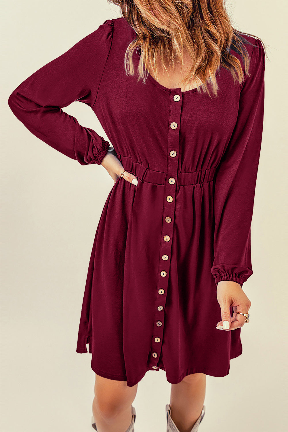 Orange Button Up High Waist Long Sleeve Dress