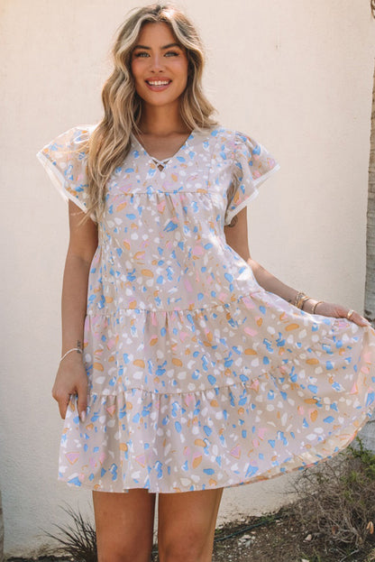 Rose Printed Crisscross Decor V Neck Flutter Sleeve Dress