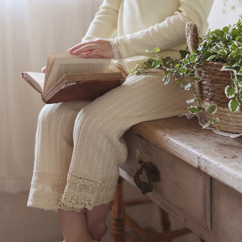 Soft And Comfortable Loose Knitted Lace Trim Straight-leg Pants