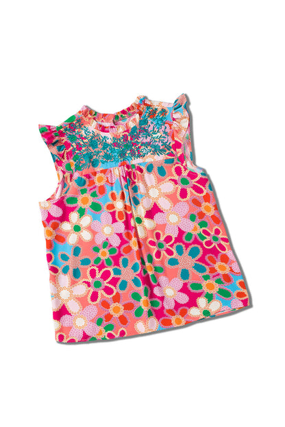 Multicolor Floral Print Smocked Square Neck Ruffles Blouse