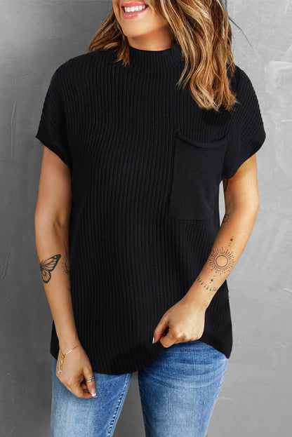 Blackish Green Patch Pocket Ribbed Knit Short Sleeve Sweater