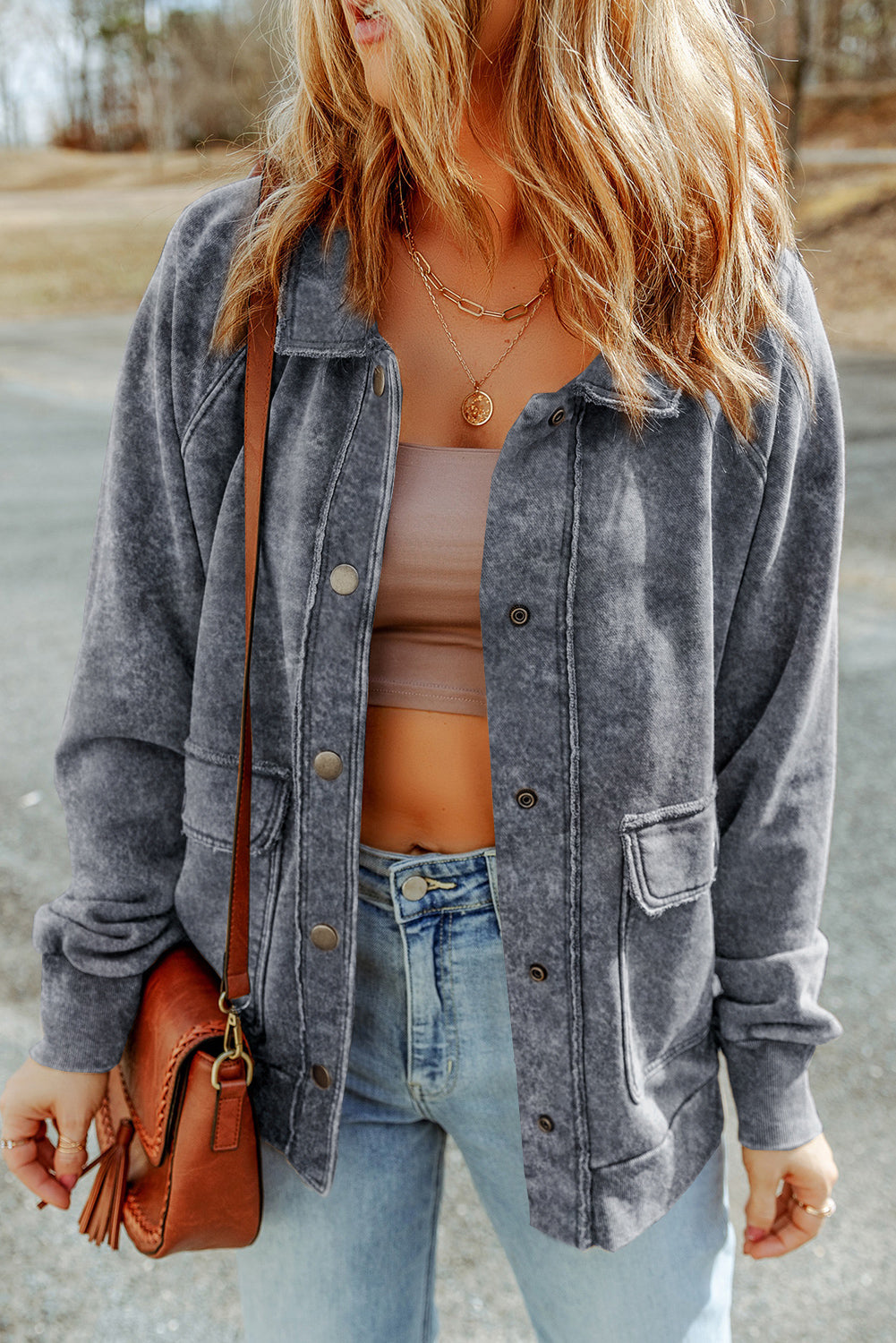 Red Vintage Washed Flap Pocket Button Shacket