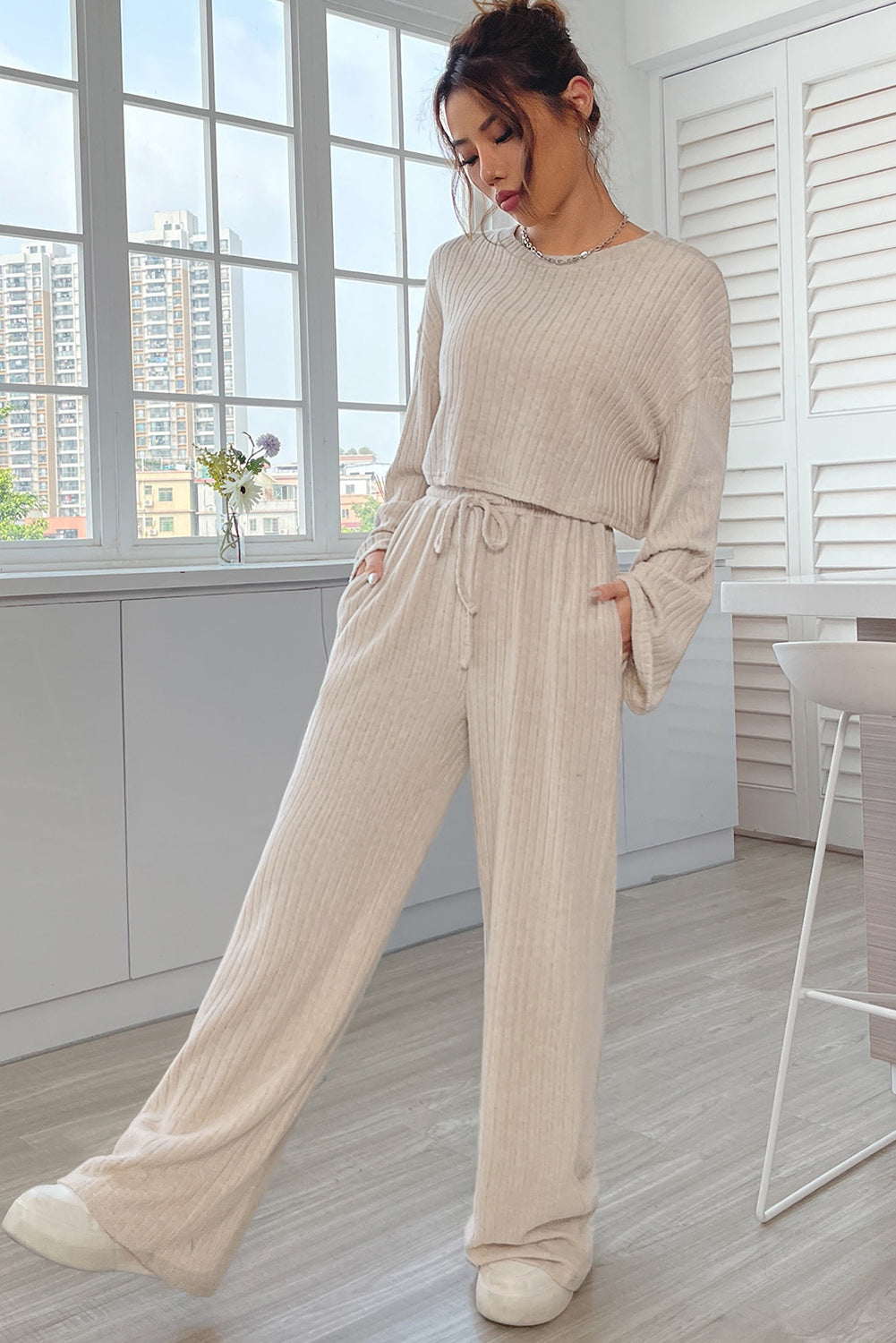 Pink Plain Ribbed Loose Fit Two Piece Lounge Set