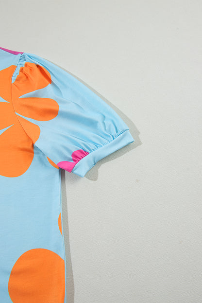 Sky Blue Flower Print Bubble Sleeve Tee