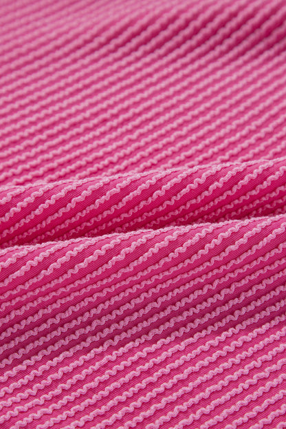 Bright Pink Corded Turn-down V Neck Bubble Sleeve Babydoll Blouse