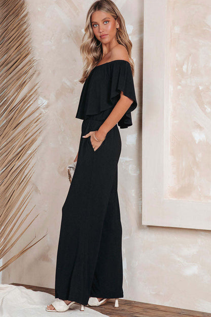 Black Solid Color Off Shoulder Wide Leg Jumpsuit