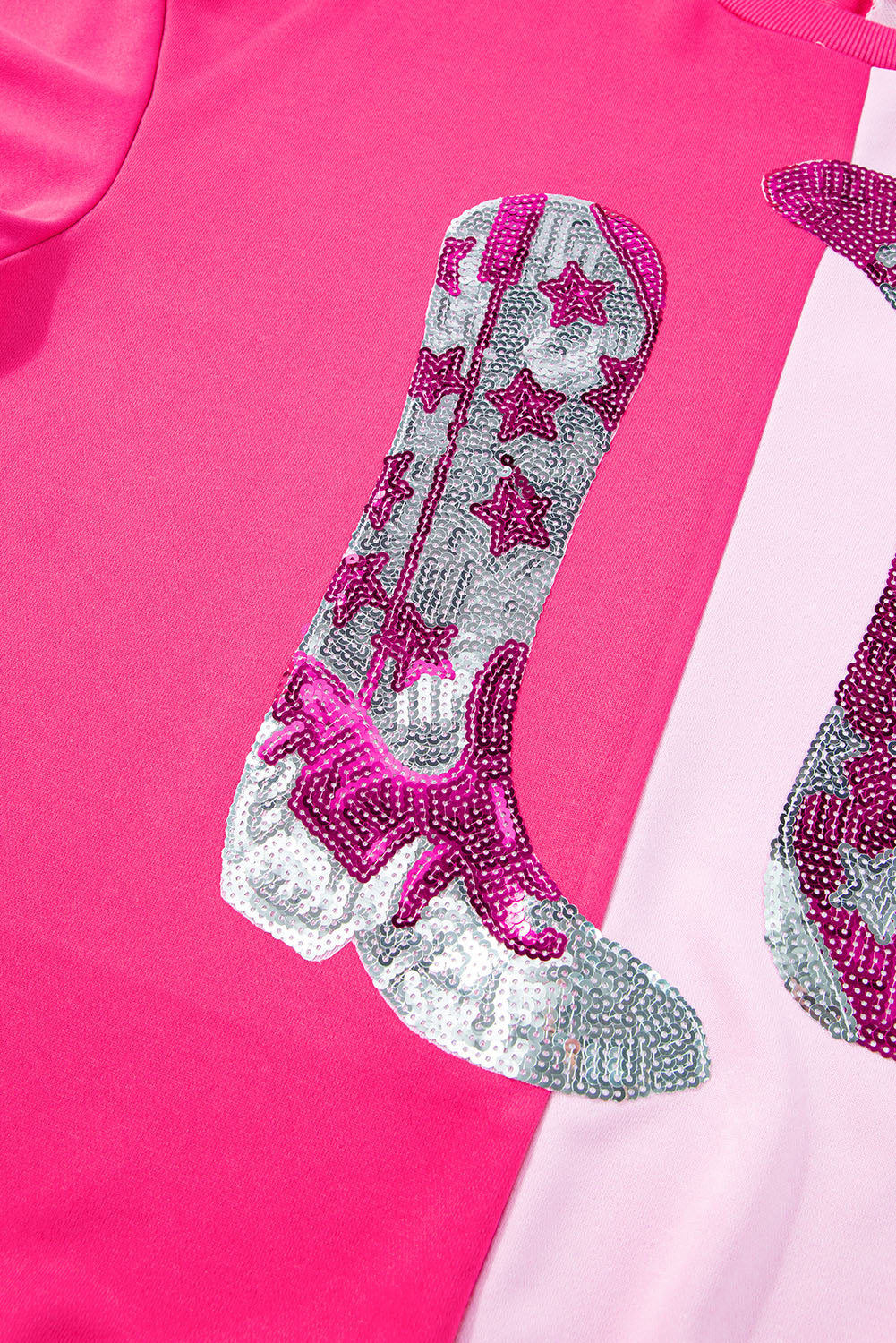 Pink Color Block Sequined Cowgirl Boots Graphic Sweatshirt I cease