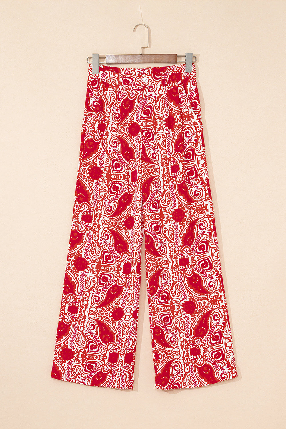 Red Paisley Printed Buttoned High Waist Straight Leg Pants