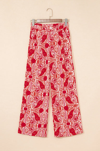 Red Paisley Printed Buttoned High Waist Straight Leg Pants
