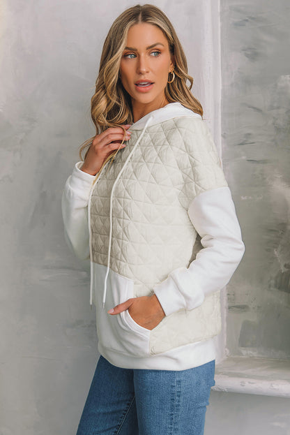 Beige Quilted V Neck Hoodie Drawstring Shorts Set