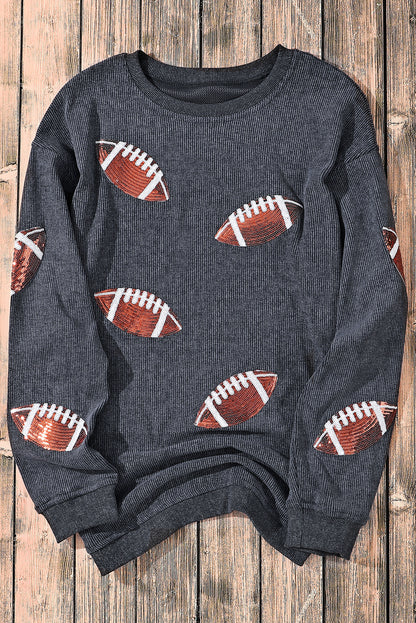 Black Sequin Rugby Graphic Pullover Sweatshirt