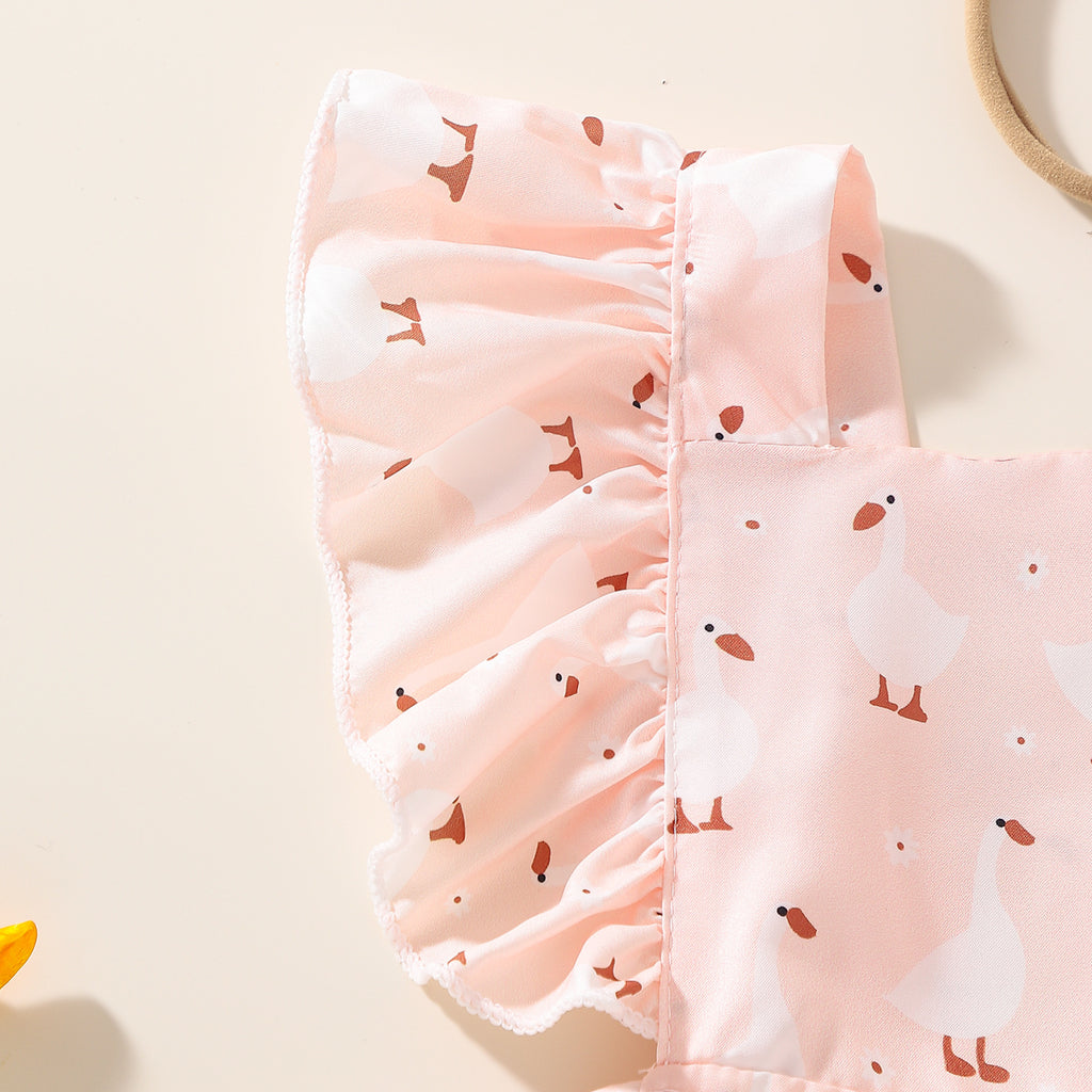 Cartoon Duck Flounced Sleeve Romper Hair Band Set