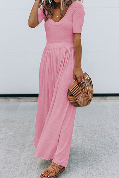 Pink Short Sleeve Bodice Flowy Wide Leg Jumpsuit