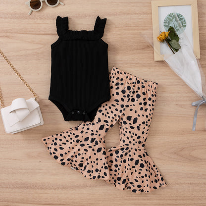Children's Clothing Strap Leopard Print Floral Bell-bottom Pants Fashion Suit