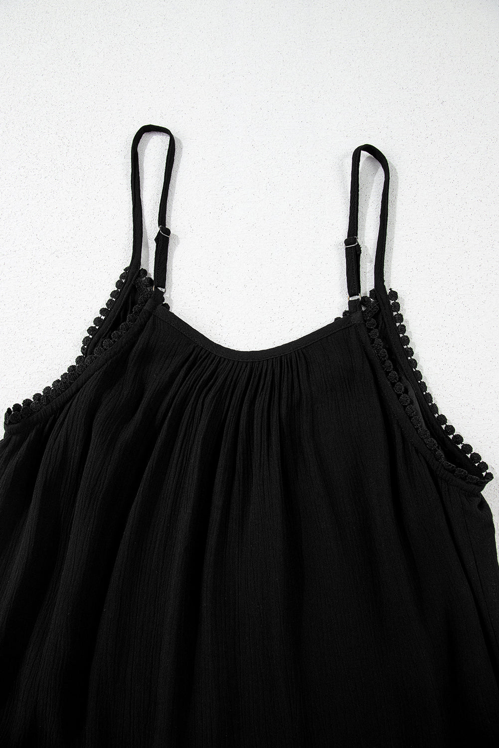 Black Floral Embroidery Ruffled Spaghetti Straps Tank Top