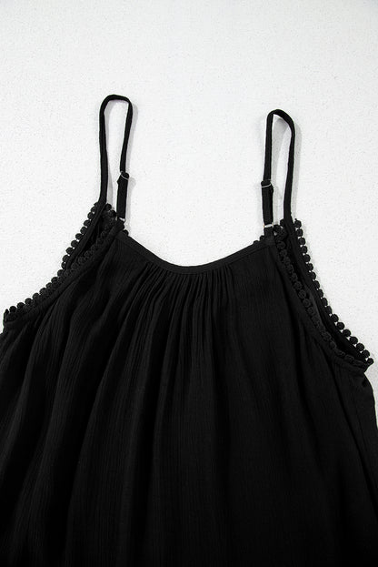 Black Floral Embroidery Ruffled Spaghetti Straps Tank Top