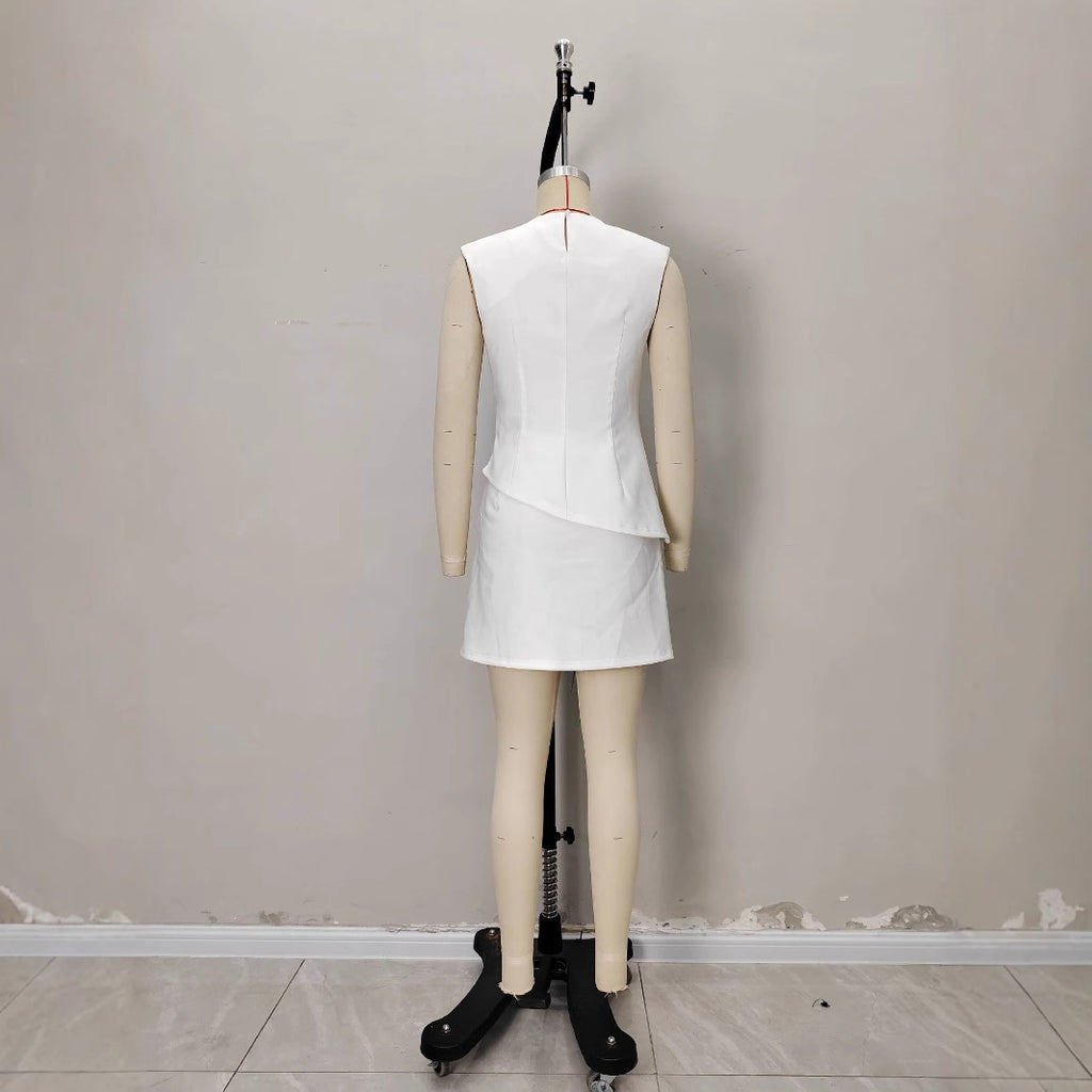 Womens Solid-Color Crew-Neck Defined-Waist A-Line Skirt Commuter Set