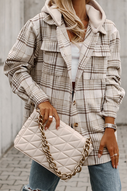Khaki Printed Plus Size Plaid Print Contrast Hooded Shacket