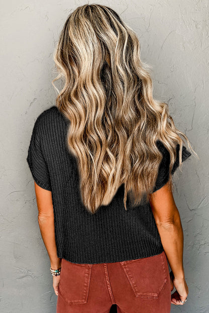 Blackish Green Patch Pocket Ribbed Knit Short Sleeve Sweater