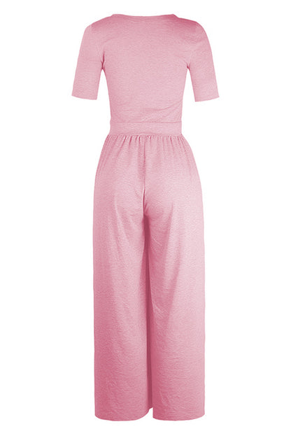 Pink Short Sleeve Bodice Flowy Wide Leg Jumpsuit