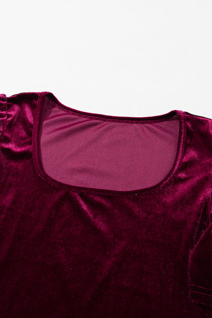 Burgundy Velvet Bubble Sleeve U Neck Plus Size Top