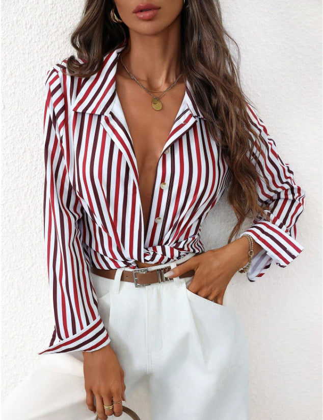 Womens Single-breasted Long-sleeve Casual Striped Shirt
