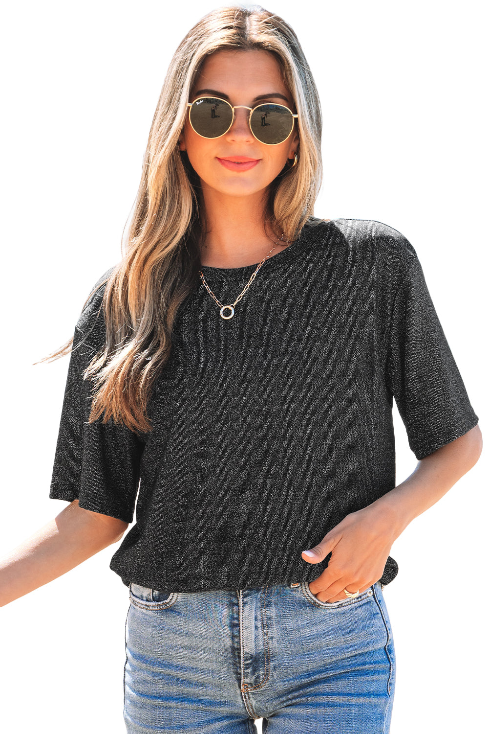 Black Bow Decor Glittery Short Sleeve Top