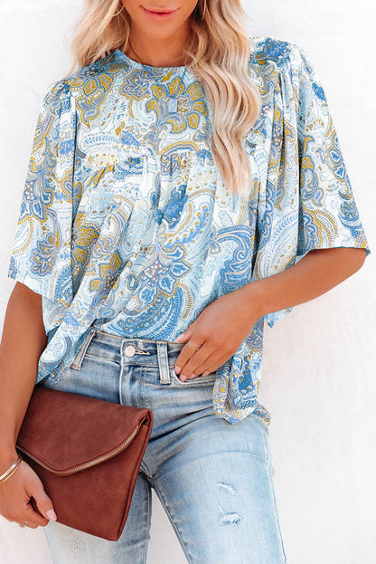 Sky Blue Paisley Pattern Print Drawstring V Neck Blouse