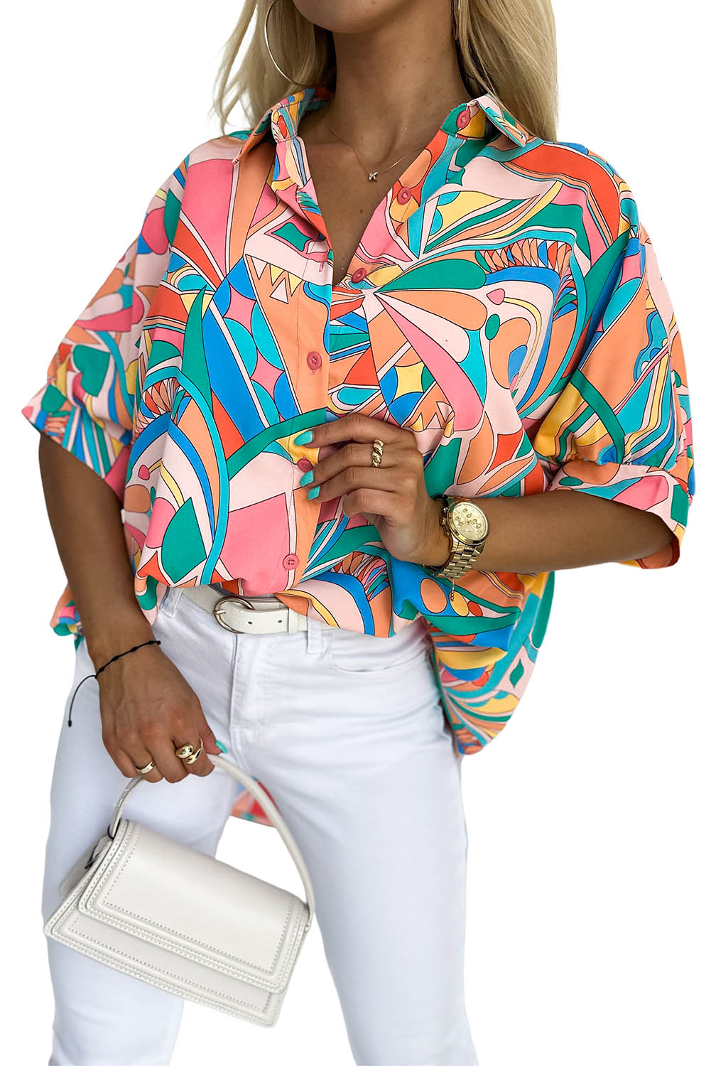 Multicolor Geometric Print Split Neck Ruffle Tiered Mini Dress