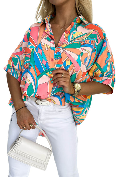 Multicolor Geometric Print Split Neck Ruffle Tiered Mini Dress