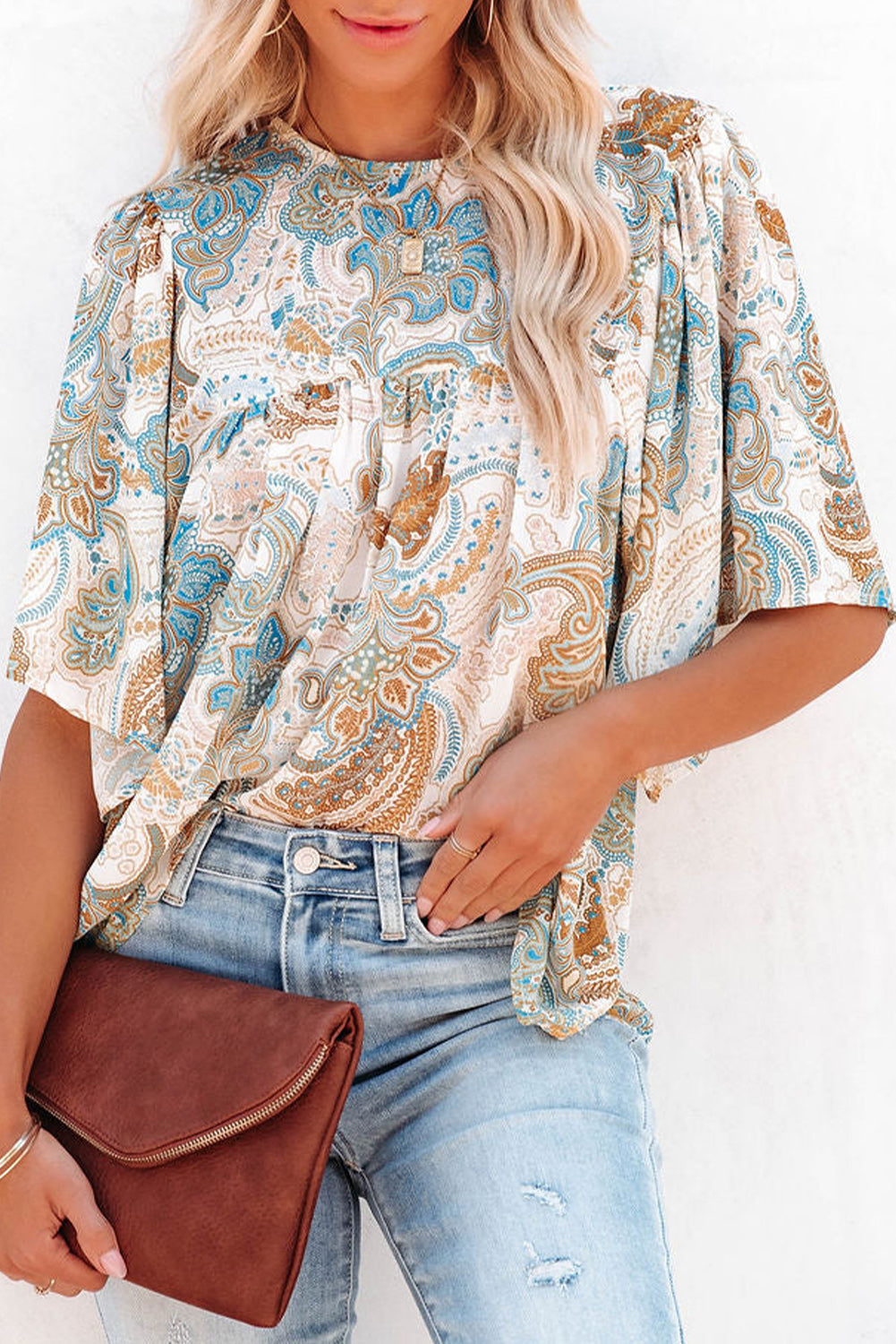 Sky Blue Paisley Pattern Print Drawstring V Neck Blouse