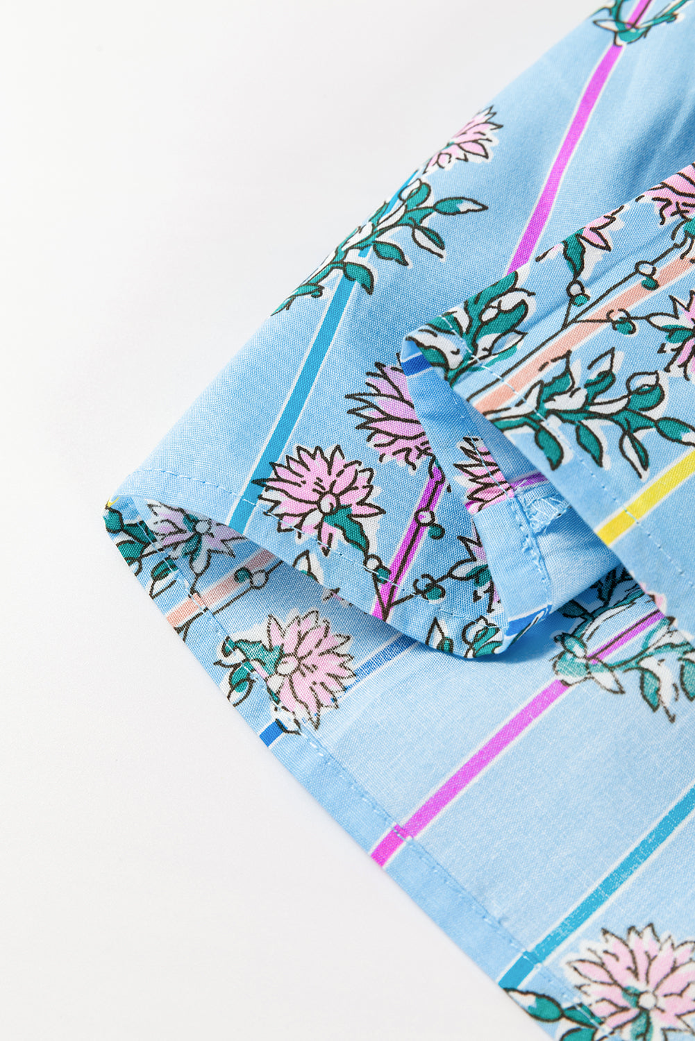 Sky Blue Floral Striped Print Shirred Yoke Split Neck Blouse