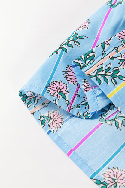 Sky Blue Floral Striped Print Shirred Yoke Split Neck Blouse