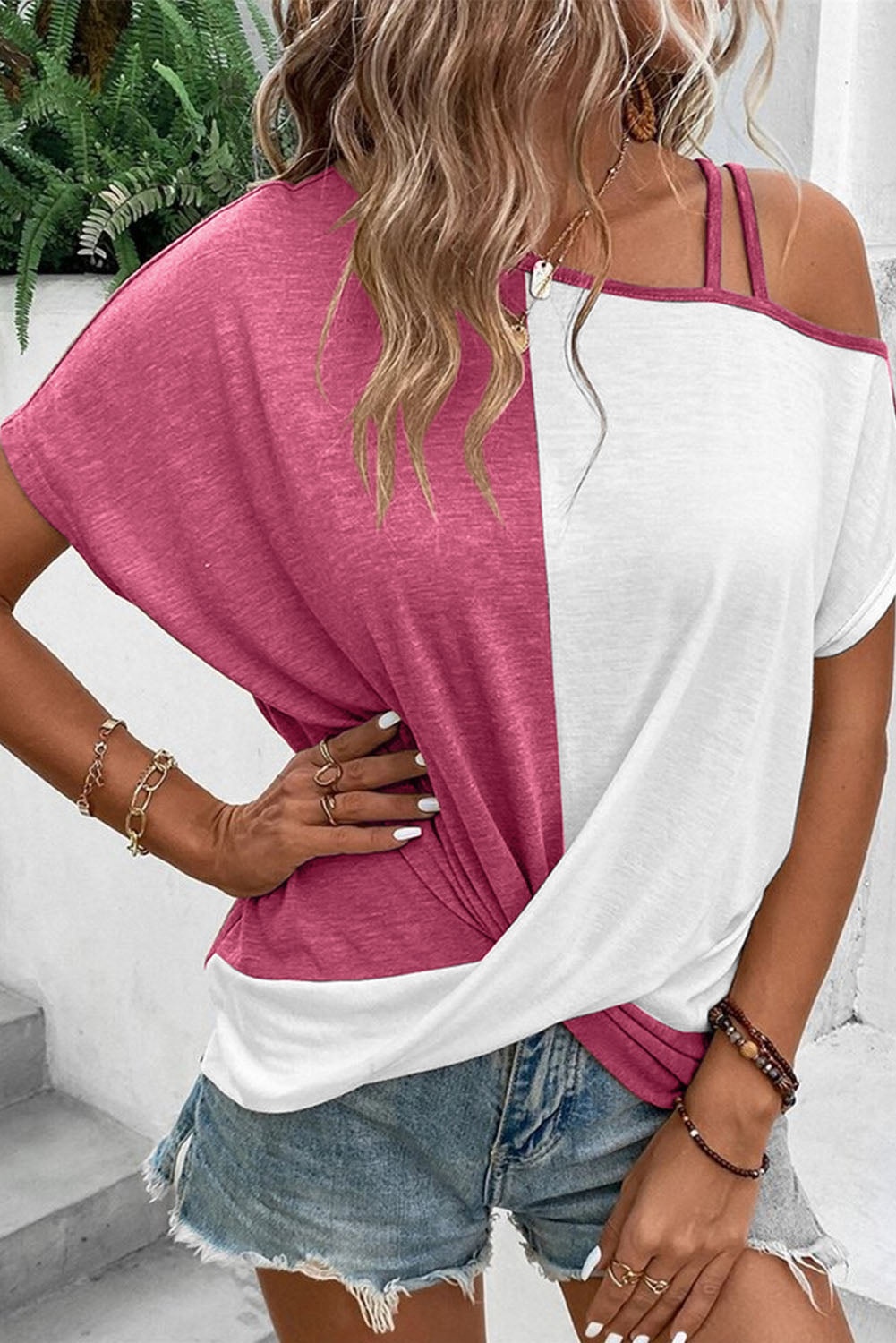 Khaki Asymmetric Colorblock Strappy Cold Shoulder Twist Hem Top